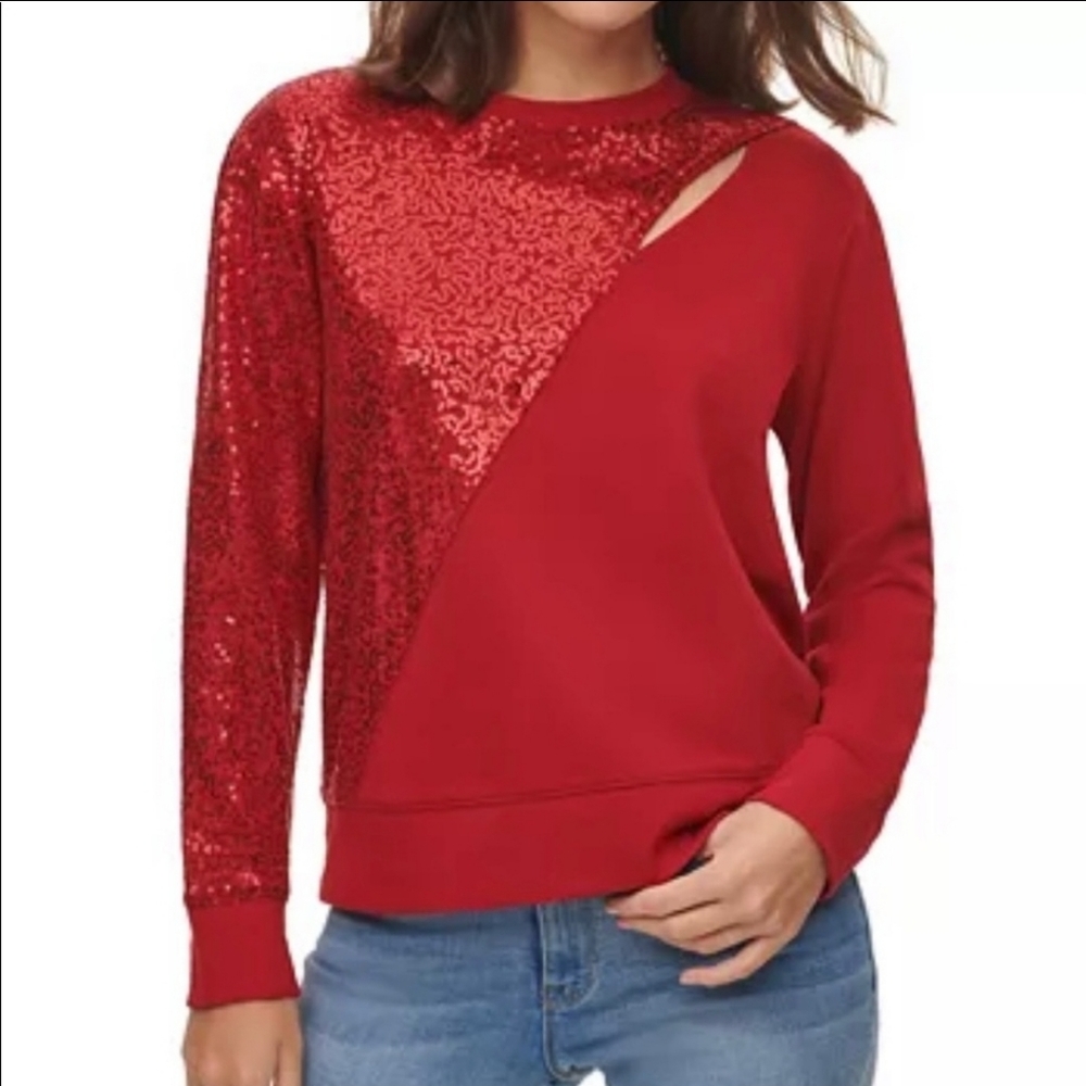 DKNY Red Sweatshirt Sequin Keyhole Crewneck XS Long Sleeve Romantic Festive